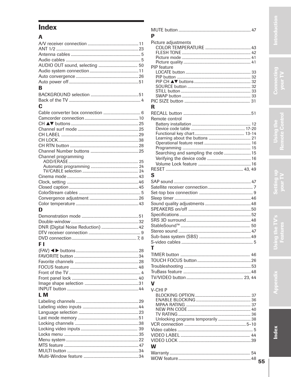 Index | Toshiba 43HX71 User Manual | Page 55 / 56