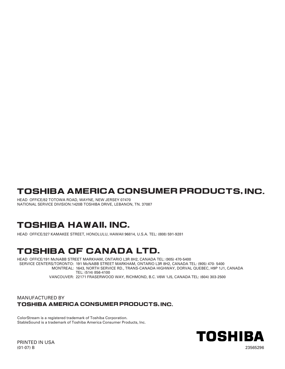 Back cover | Toshiba 43HX71 User Manual | Page 56 / 56