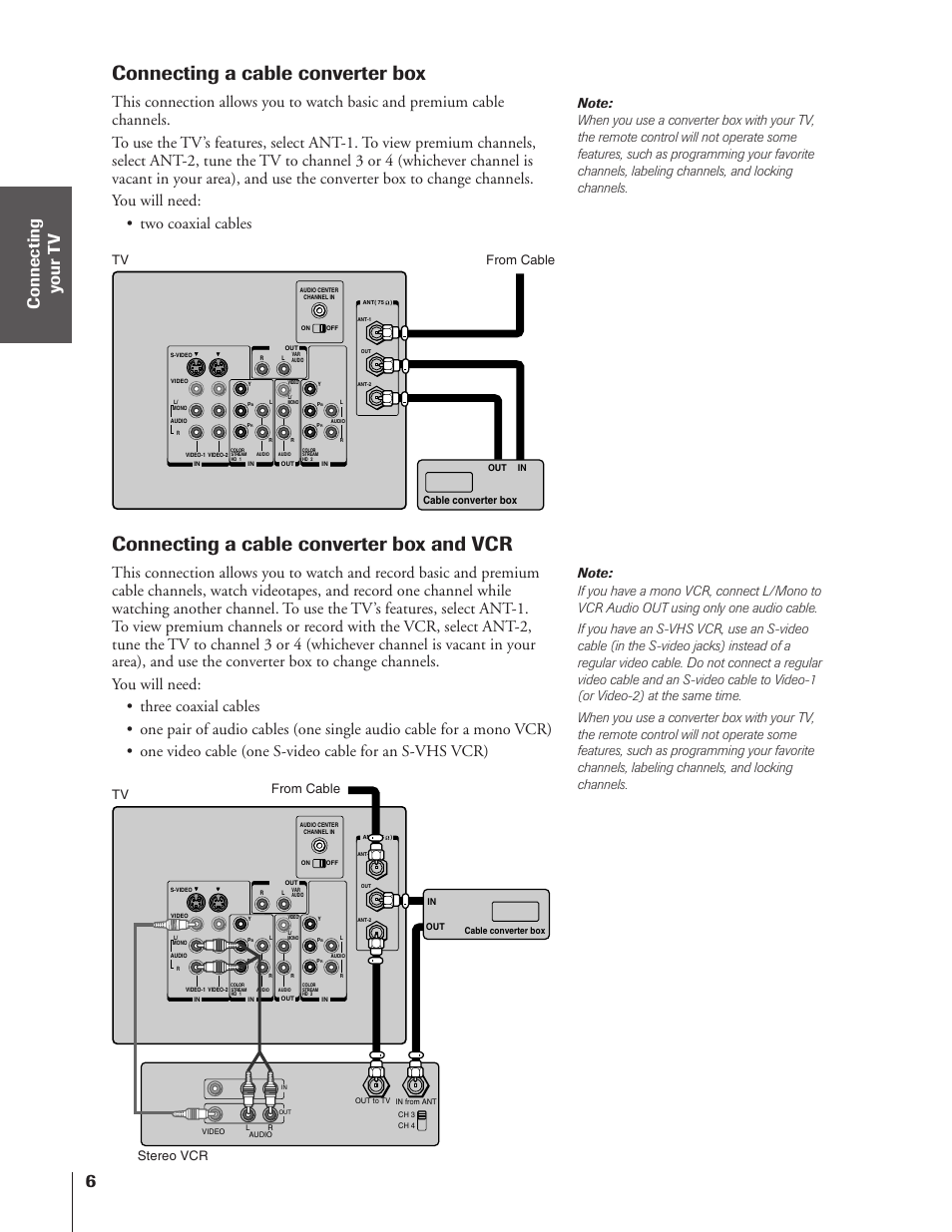 Cable converter box / and a vcr, Connecting a cable converter box, Connecting a cable converter box and vcr | Tv from cable tv from cable stereo vcr | Toshiba 43HX71 User Manual | Page 6 / 56