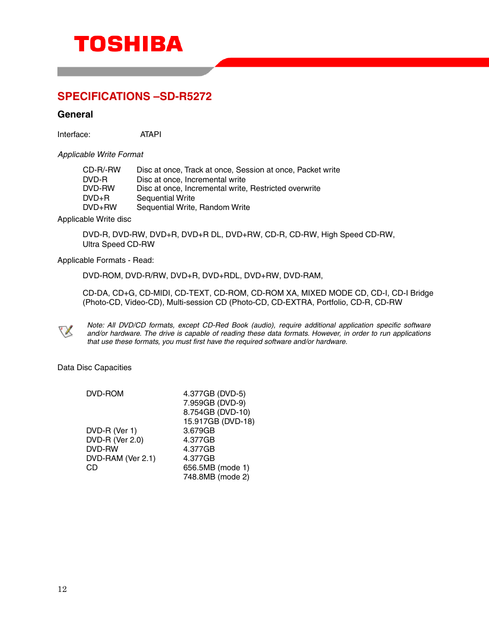 Specifications –sd-r5272 | Toshiba SD-R5272 User Manual | Page 14 / 19