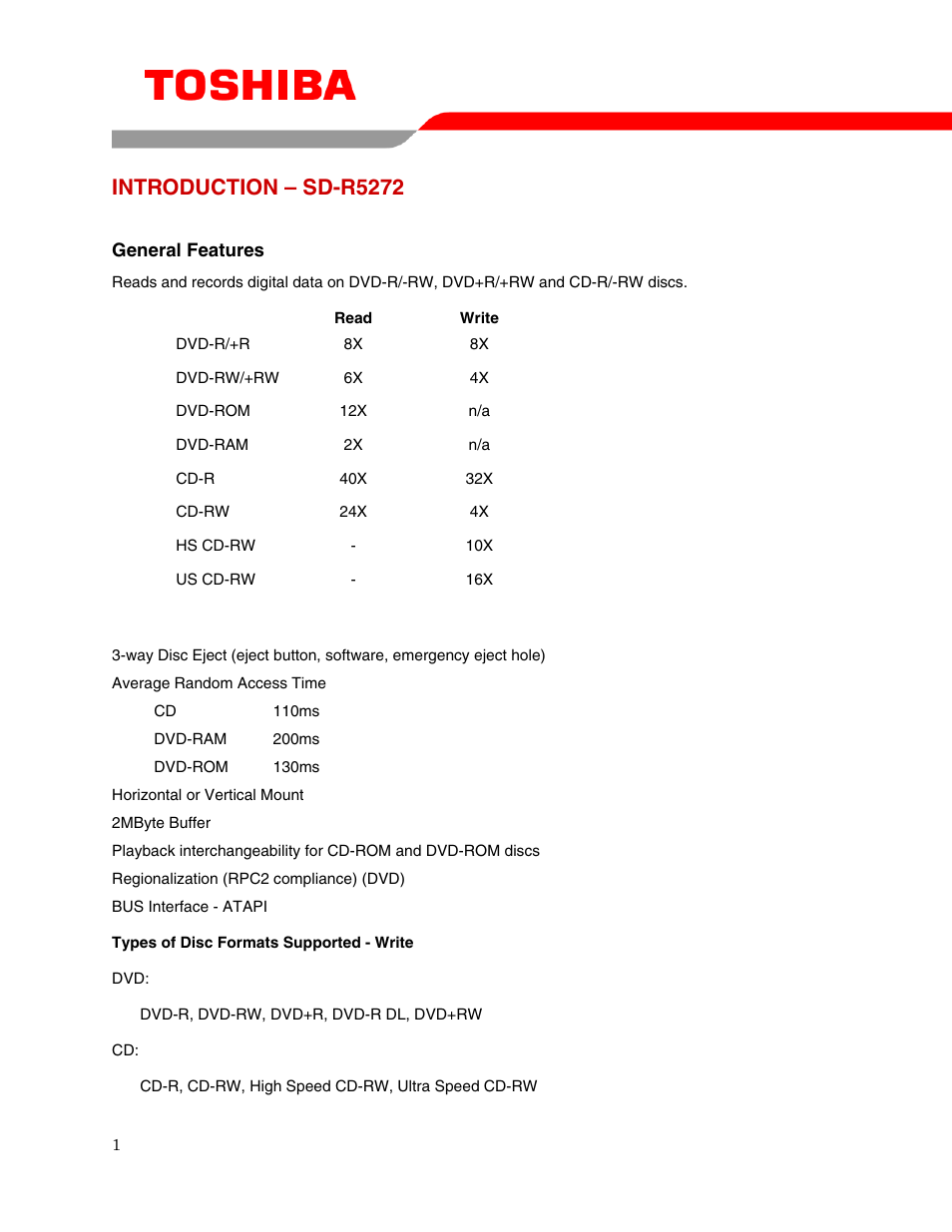 Introduction – sd-r5272 | Toshiba SD-R5272 User Manual | Page 3 / 19