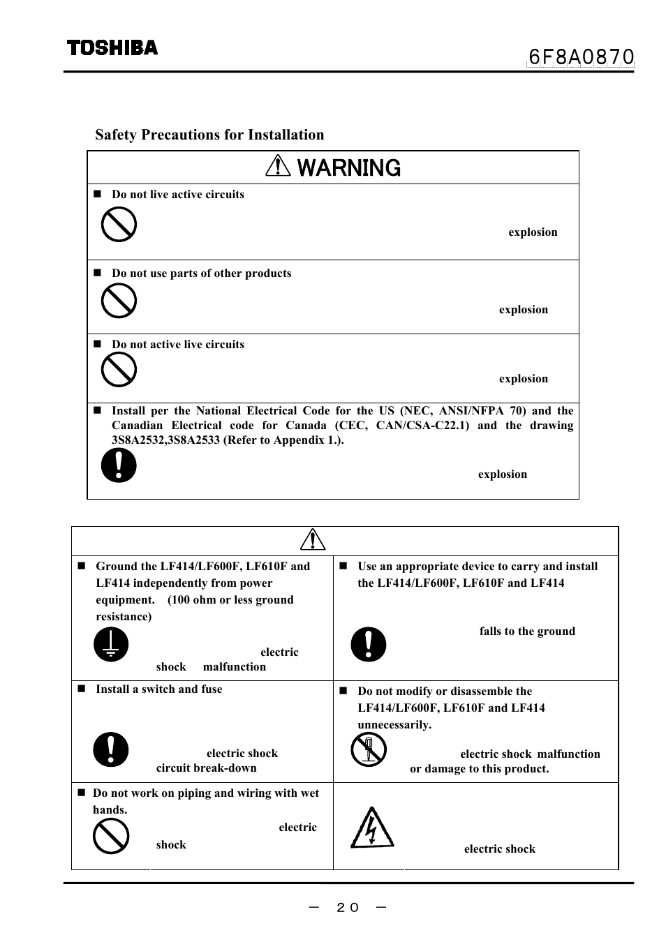 Installation, Warning, Caution | Safety precautions for installation | Toshiba LF414 User Manual | Page 21 / 58