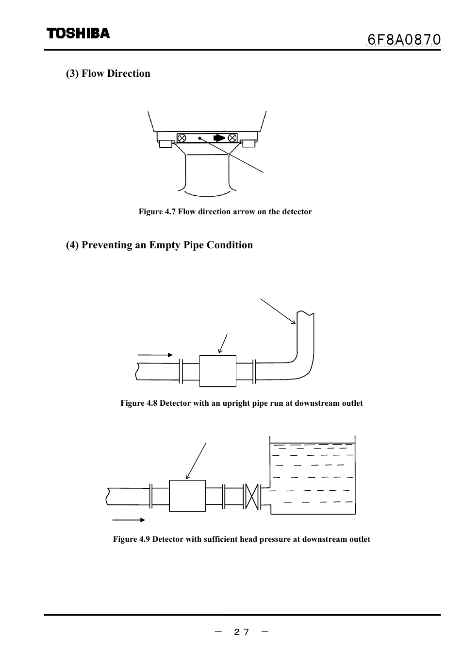 3) flow direction, 4) preventing an empty pipe condition | Toshiba LF414 User Manual | Page 28 / 58