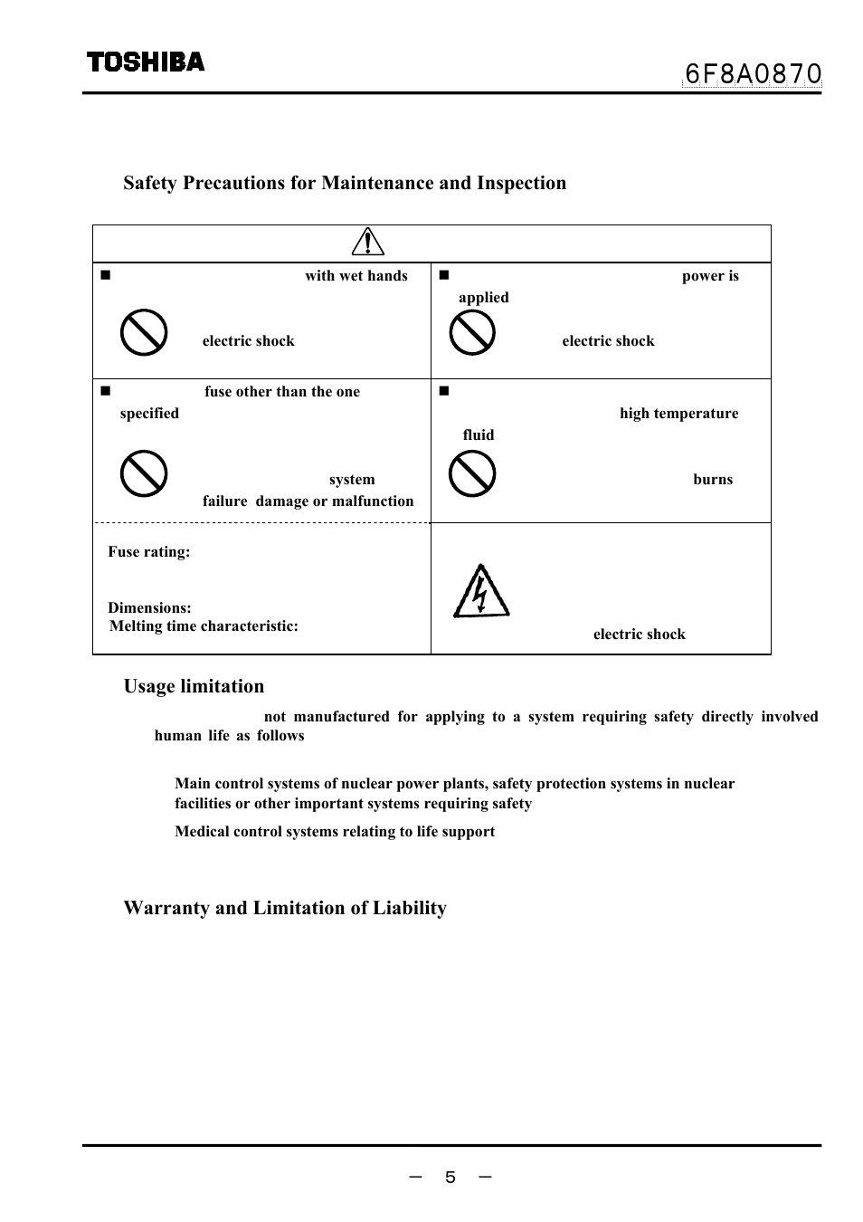 Safety precautions (continued), Caution, Safety precautions for maintenance and inspection | Usage limitation, Warranty and limitation of liability | Toshiba LF414 User Manual | Page 6 / 58