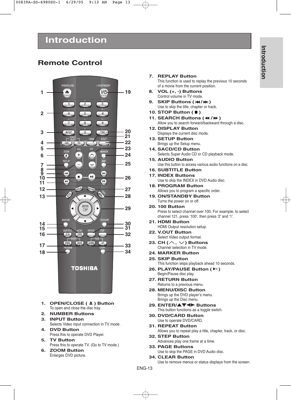 Remote control, Introduction | Toshiba SD-6980SU User Manual | Page 13 / 76