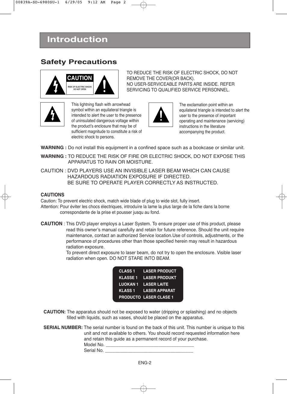 Introduction, Safety precautions, Caution | Toshiba SD-6980SU User Manual | Page 2 / 76