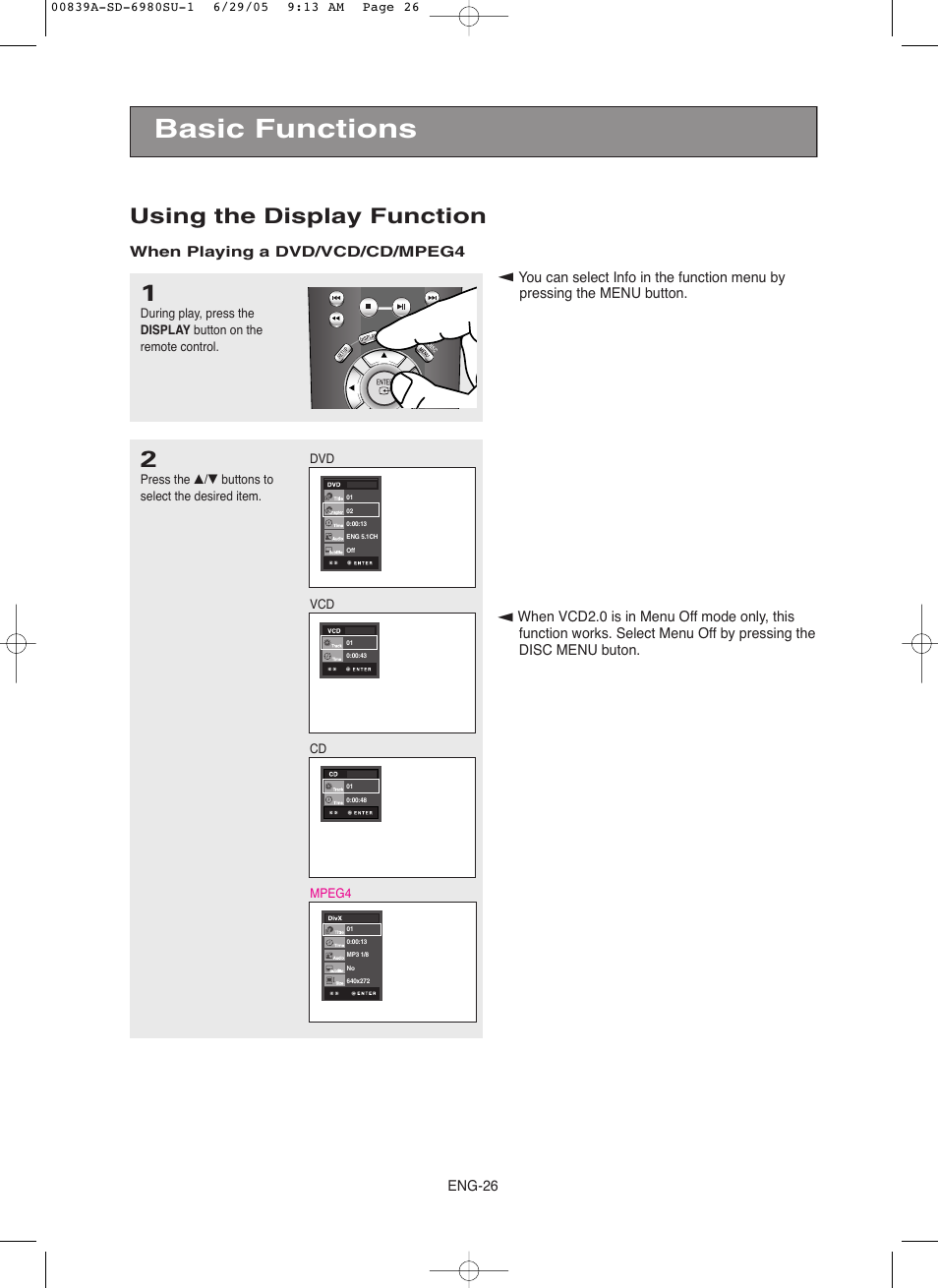 Basic functions, Using the display function | Toshiba SD-6980SU User Manual | Page 26 / 76