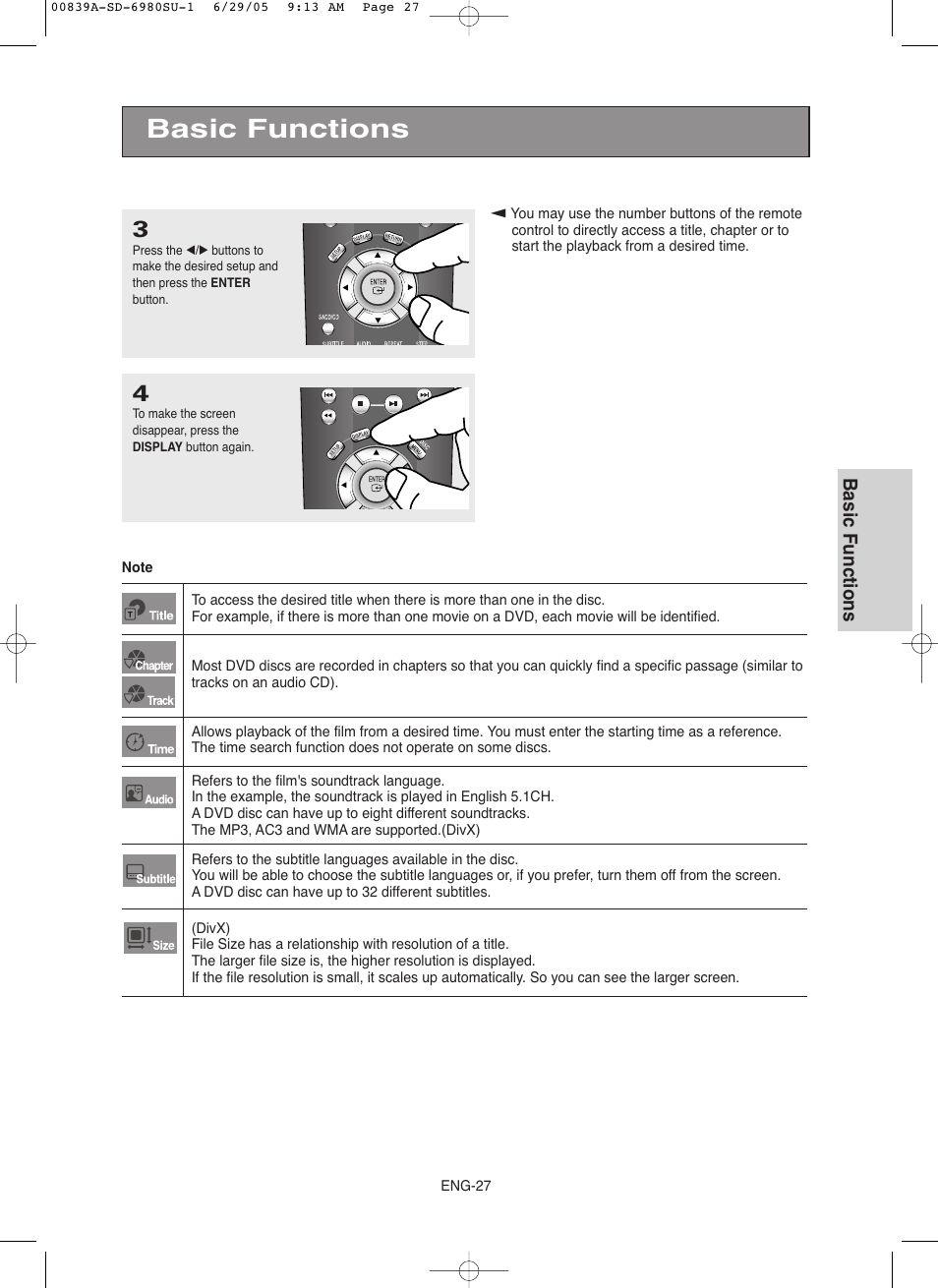 Basic functions | Toshiba SD-6980SU User Manual | Page 27 / 76