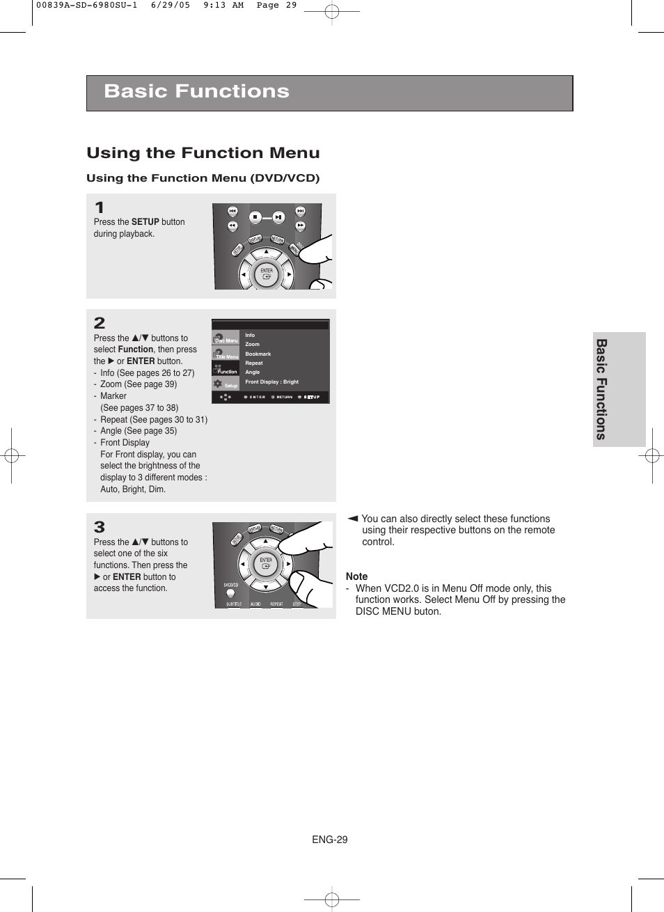 Using the function menu, Basic functions | Toshiba SD-6980SU User Manual | Page 29 / 76