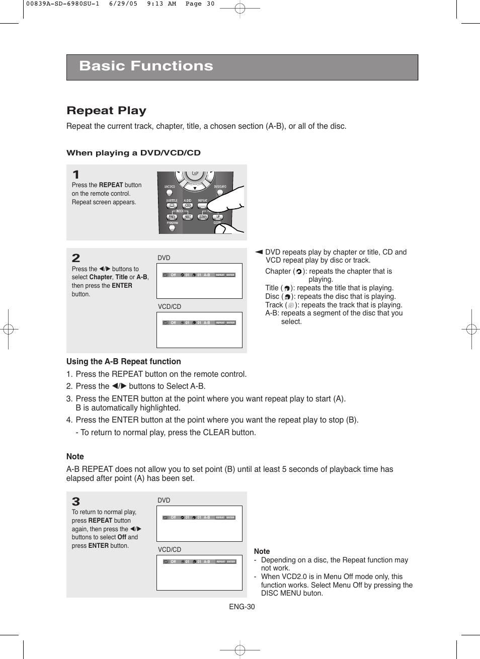 Basic functions, Repeat play | Toshiba SD-6980SU User Manual | Page 30 / 76