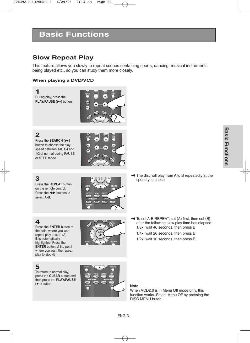 Basic functions, Slow repeat play | Toshiba SD-6980SU User Manual | Page 31 / 76