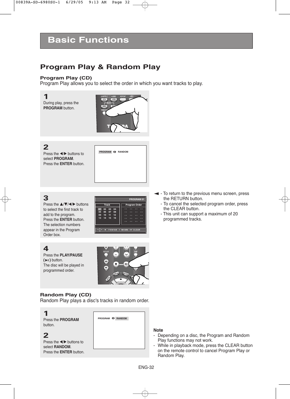 Basic functions, Program play & random play | Toshiba SD-6980SU User Manual | Page 32 / 76