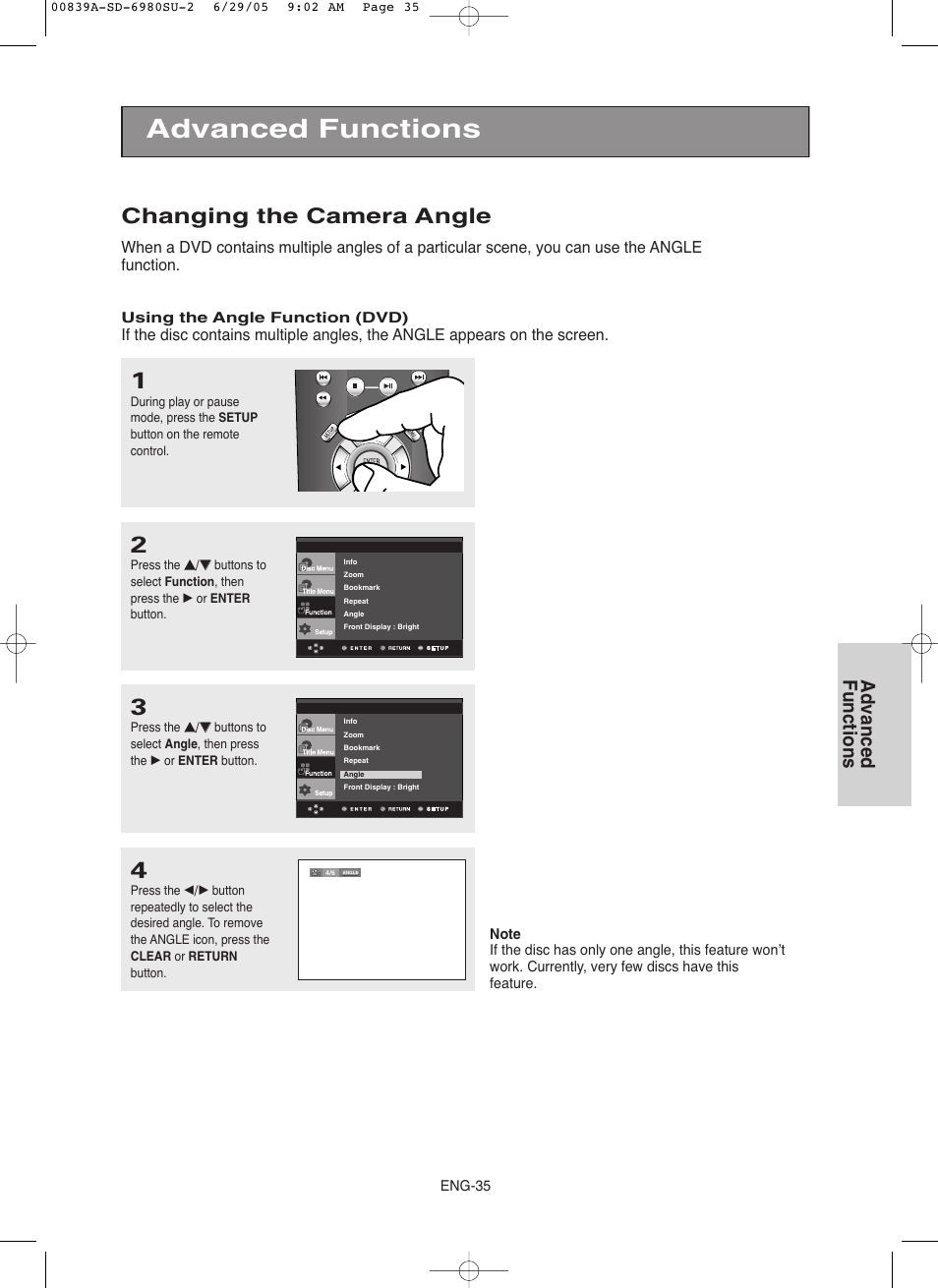 Changing the camera angle, Advanced functions | Toshiba SD-6980SU User Manual | Page 35 / 76