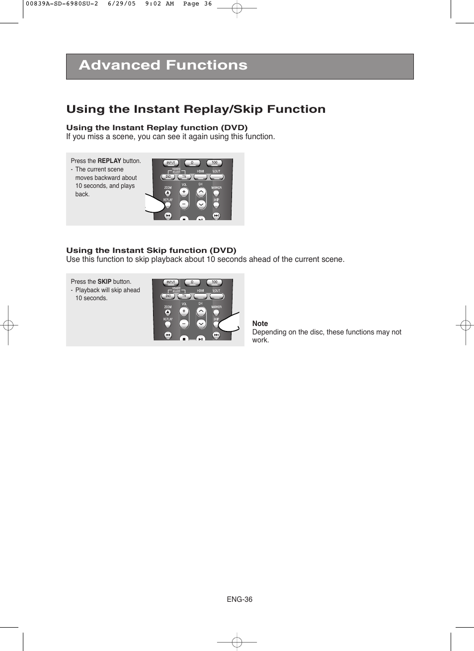 Advanced functions, Using the instant replay/skip function | Toshiba SD-6980SU User Manual | Page 36 / 76