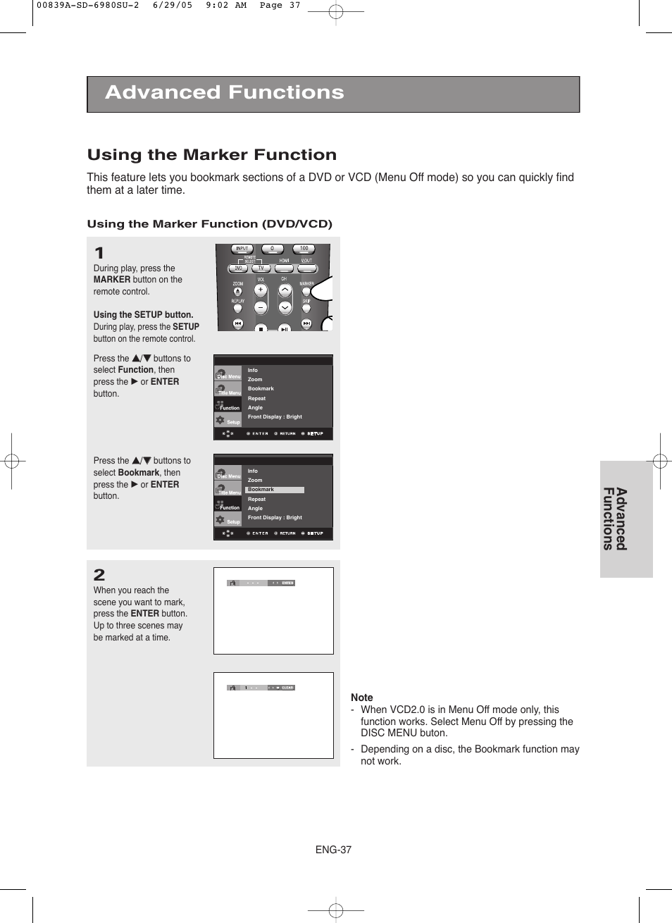 Using the marker function, Advanced functions | Toshiba SD-6980SU User Manual | Page 37 / 76