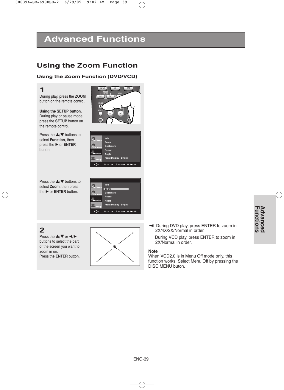 Using the zoom function, Advanced functions | Toshiba SD-6980SU User Manual | Page 39 / 76