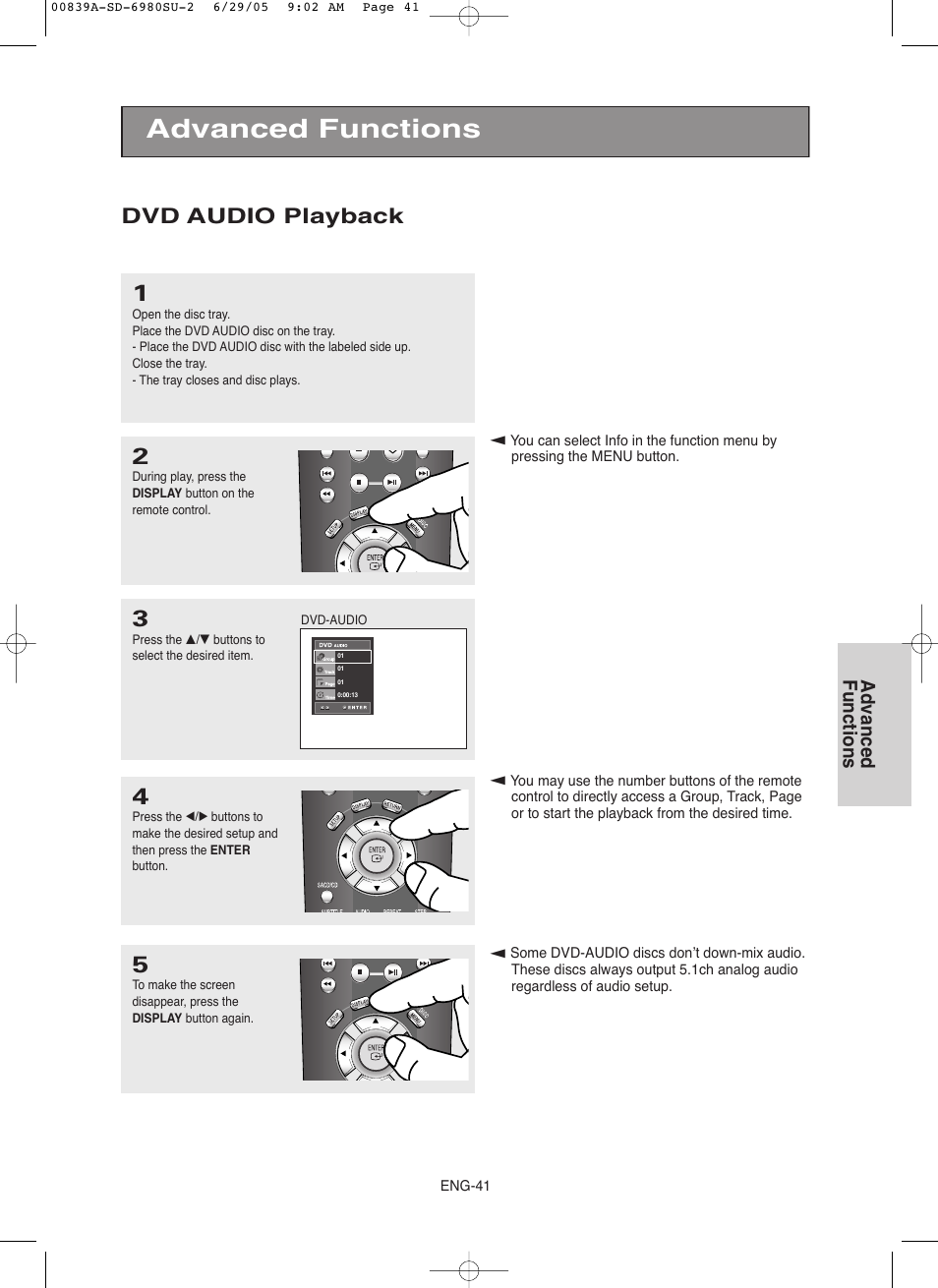 Dvd audio playback, Advanced functions | Toshiba SD-6980SU User Manual | Page 41 / 76