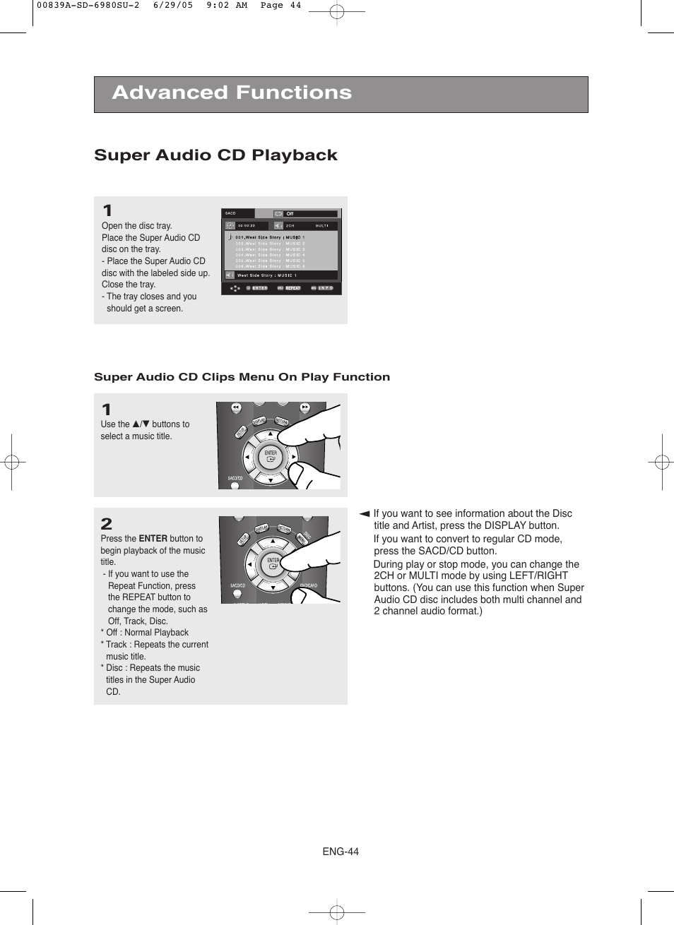 Advanced functions, Super audio cd playback | Toshiba SD-6980SU User Manual | Page 44 / 76