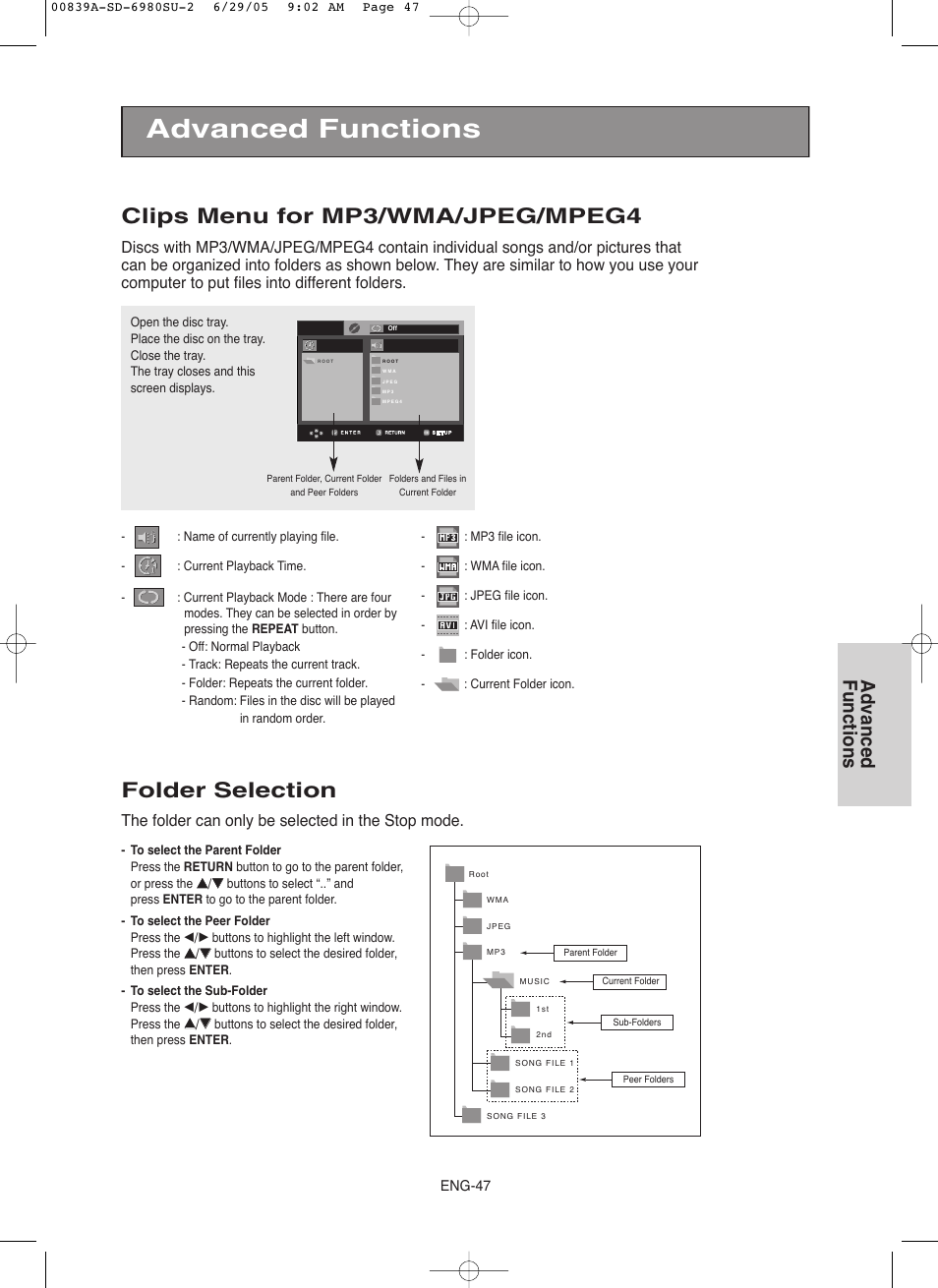 Clips menu for mp3/wma/jpeg/mpeg4, Folder selection, Advanced functions | The folder can only be selected in the stop mode | Toshiba SD-6980SU User Manual | Page 47 / 76