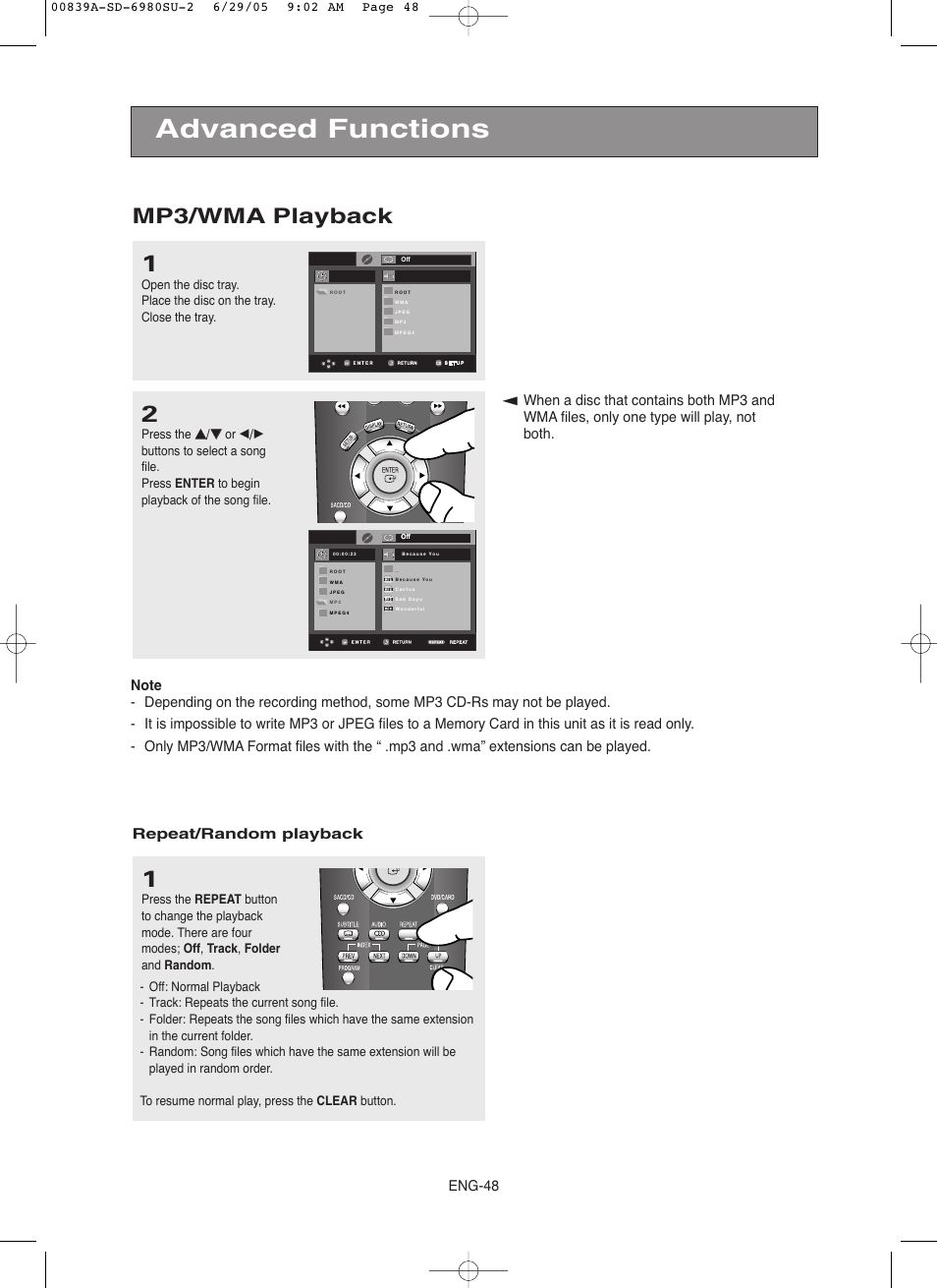 Advanced functions, Mp3/wma playback, Eng-48 | Repeat/random playback | Toshiba SD-6980SU User Manual | Page 48 / 76