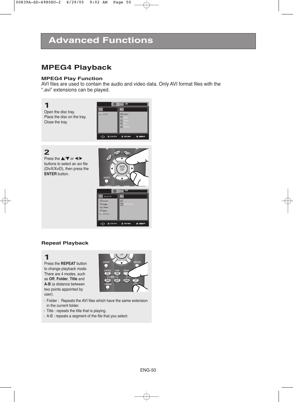 Advanced functions, Mpeg4 playback, Eng-50 | Mpeg4 play function, Repeat playback | Toshiba SD-6980SU User Manual | Page 50 / 76