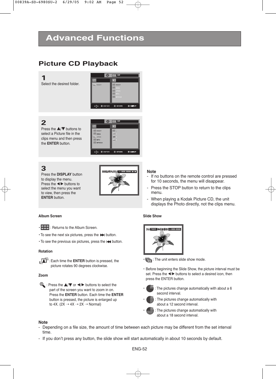 Advanced functions, Picture cd playback, Eng-52 | Toshiba SD-6980SU User Manual | Page 52 / 76