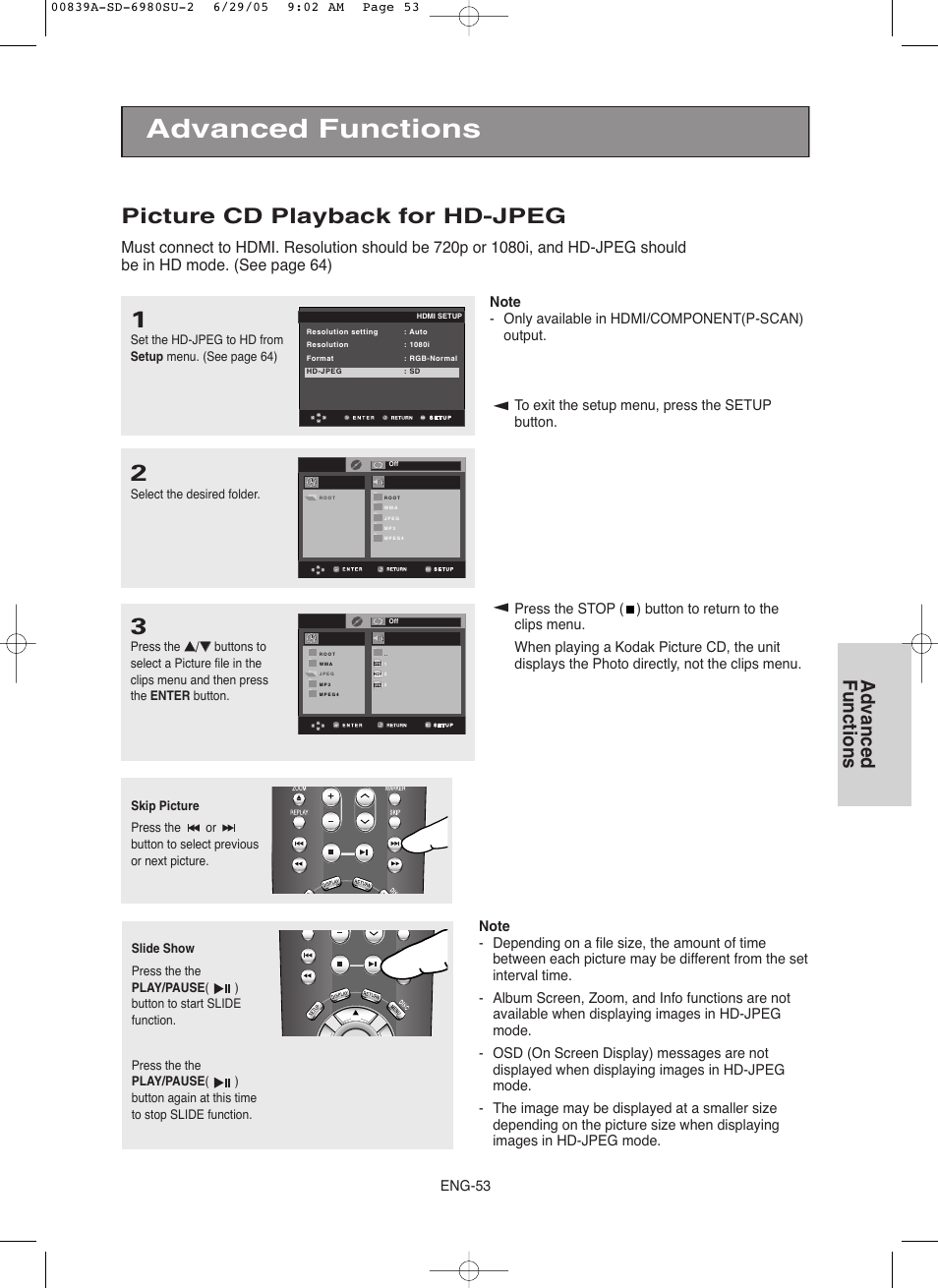 Picture cd playback for hd-jpeg, Advanced functions | Toshiba SD-6980SU User Manual | Page 53 / 76