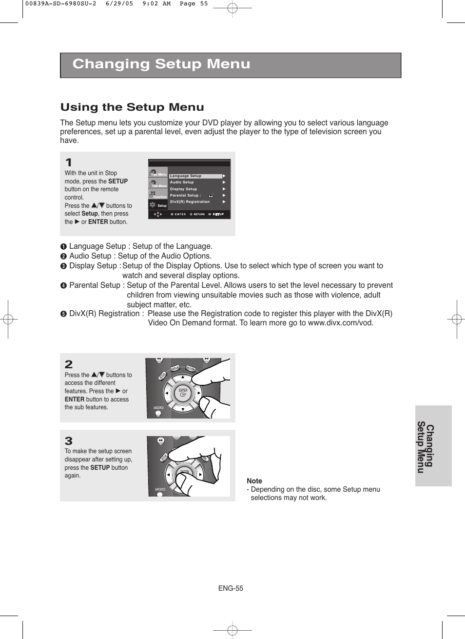 Using the setup menu, Changing setup menu | Toshiba SD-6980SU User Manual | Page 55 / 76