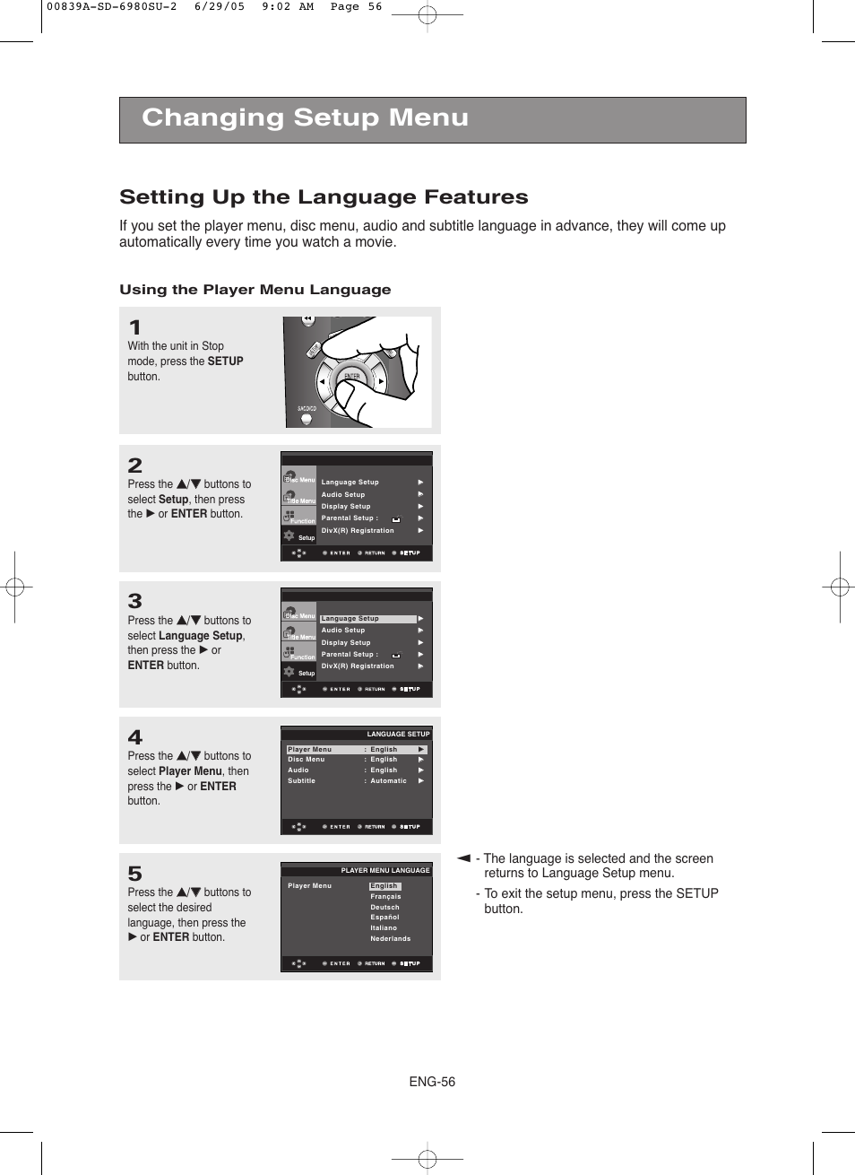 Changing setup menu, Setting up the language features, Eng-56 | Using the player menu language | Toshiba SD-6980SU User Manual | Page 56 / 76