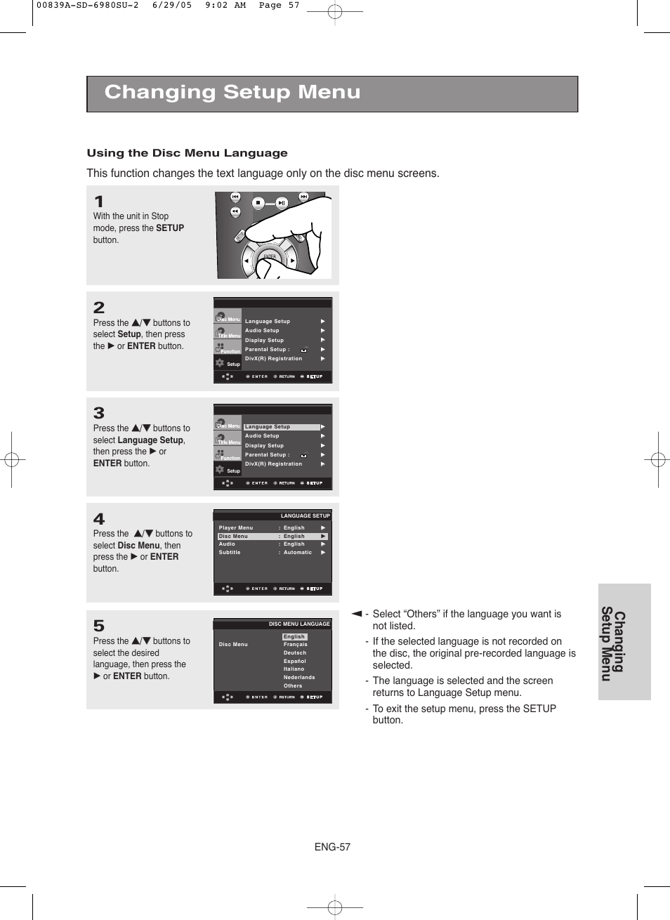 Changing setup menu, Eng-57, Using the disc menu language | Toshiba SD-6980SU User Manual | Page 57 / 76