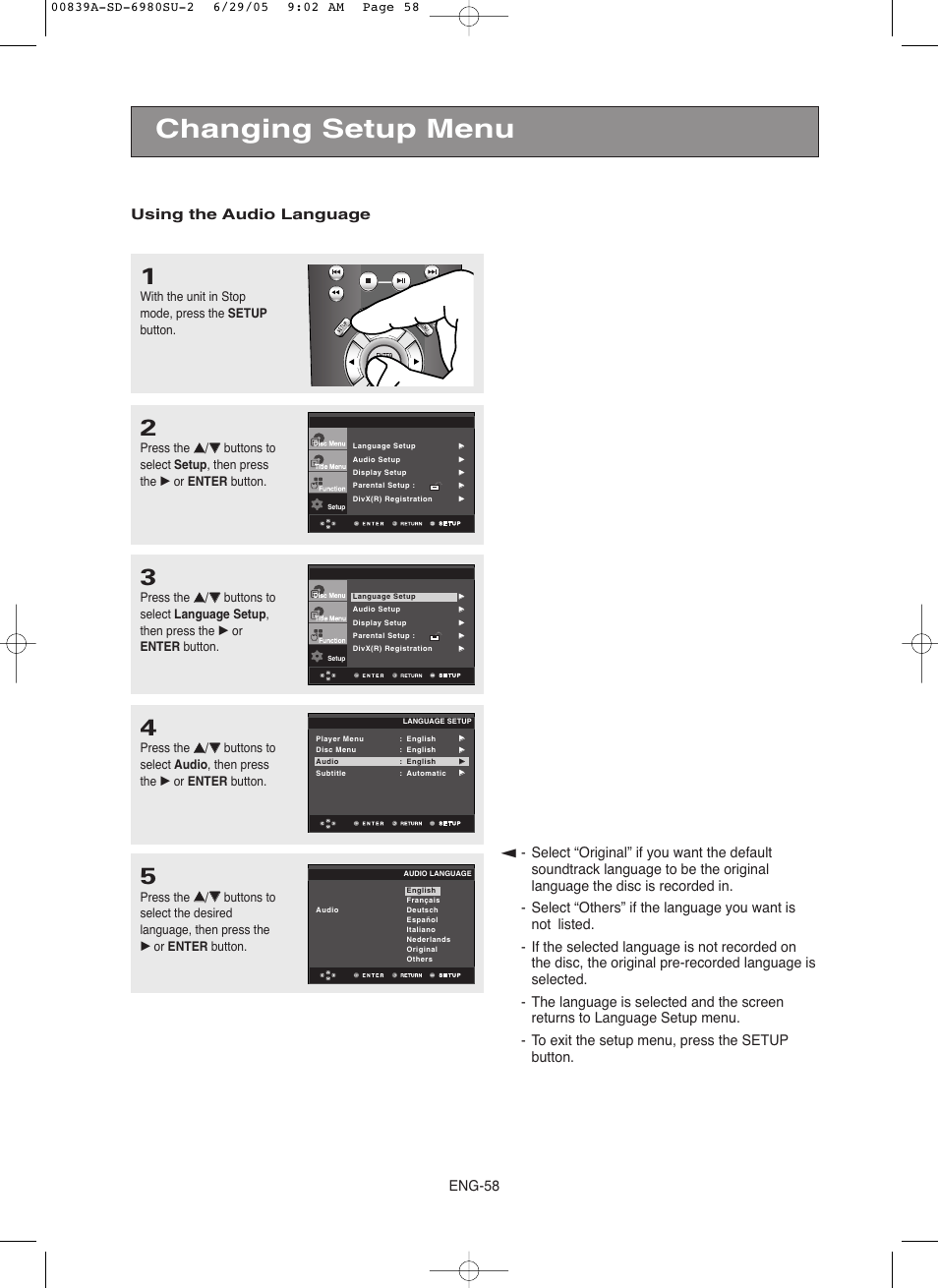 Changing setup menu, Eng-58 using the audio language | Toshiba SD-6980SU User Manual | Page 58 / 76