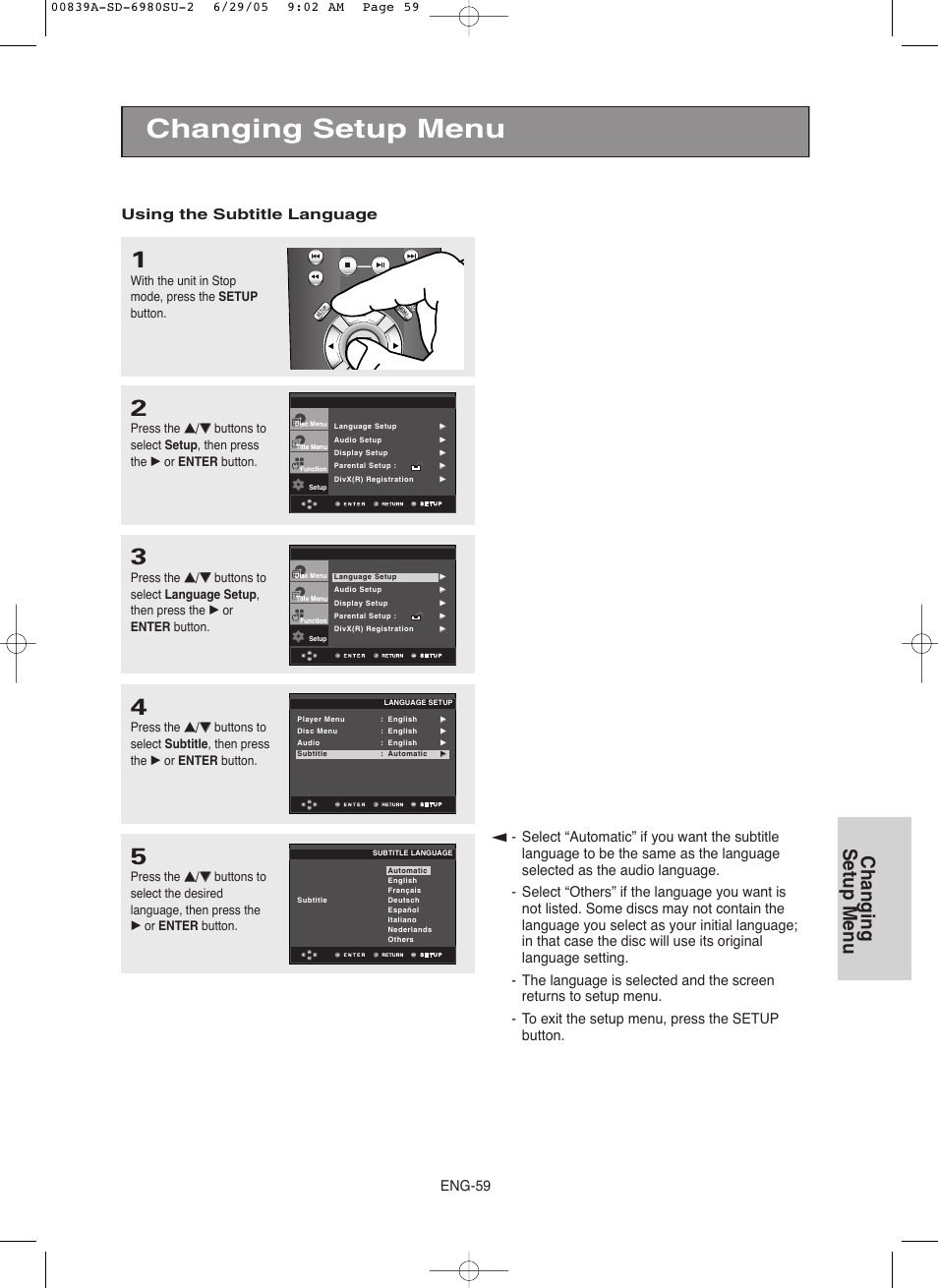 Changing setup menu, Eng-59, Using the subtitle language | Toshiba SD-6980SU User Manual | Page 59 / 76