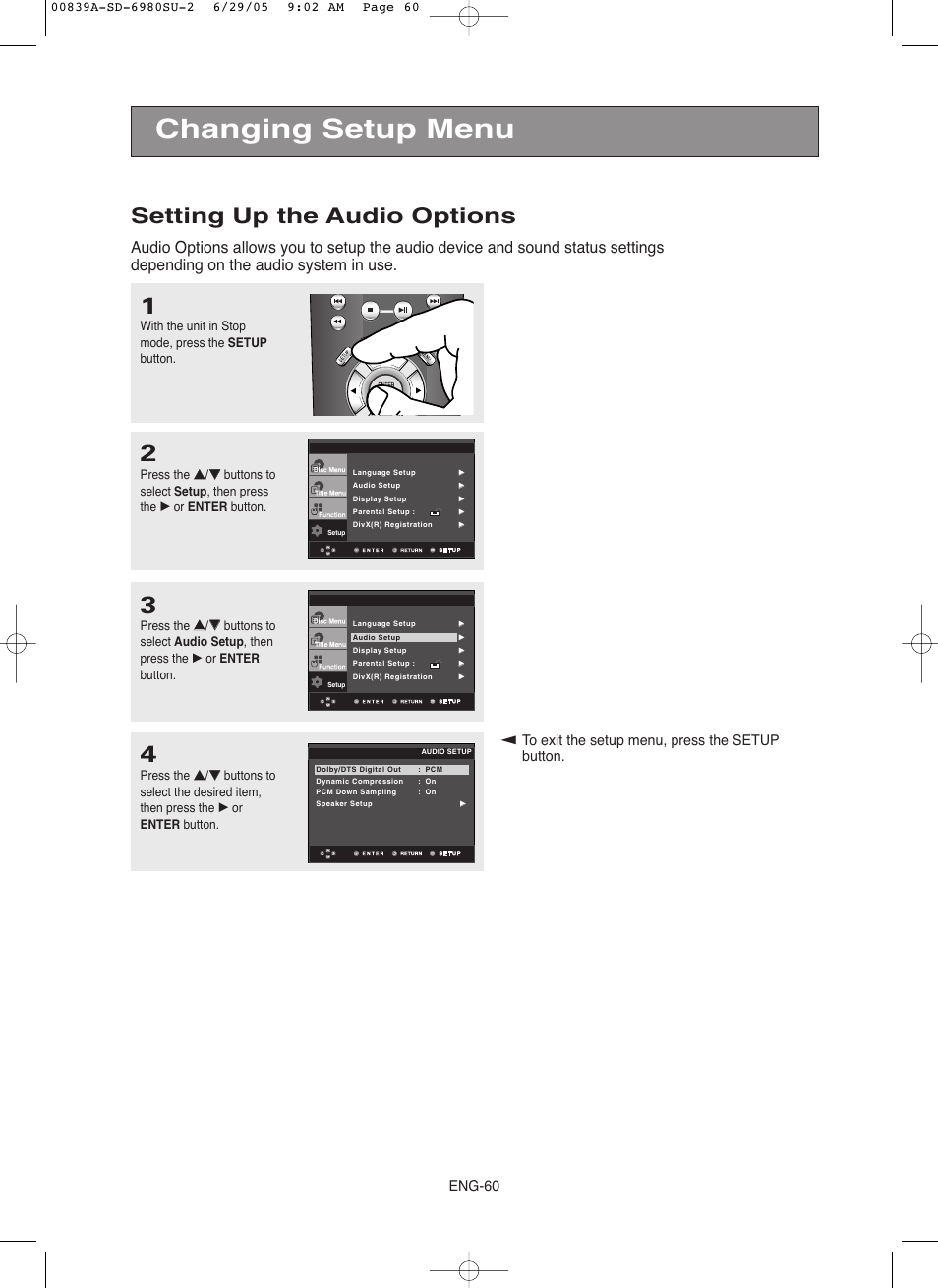 Changing setup menu, Setting up the audio options, Eng-60 | Toshiba SD-6980SU User Manual | Page 60 / 76