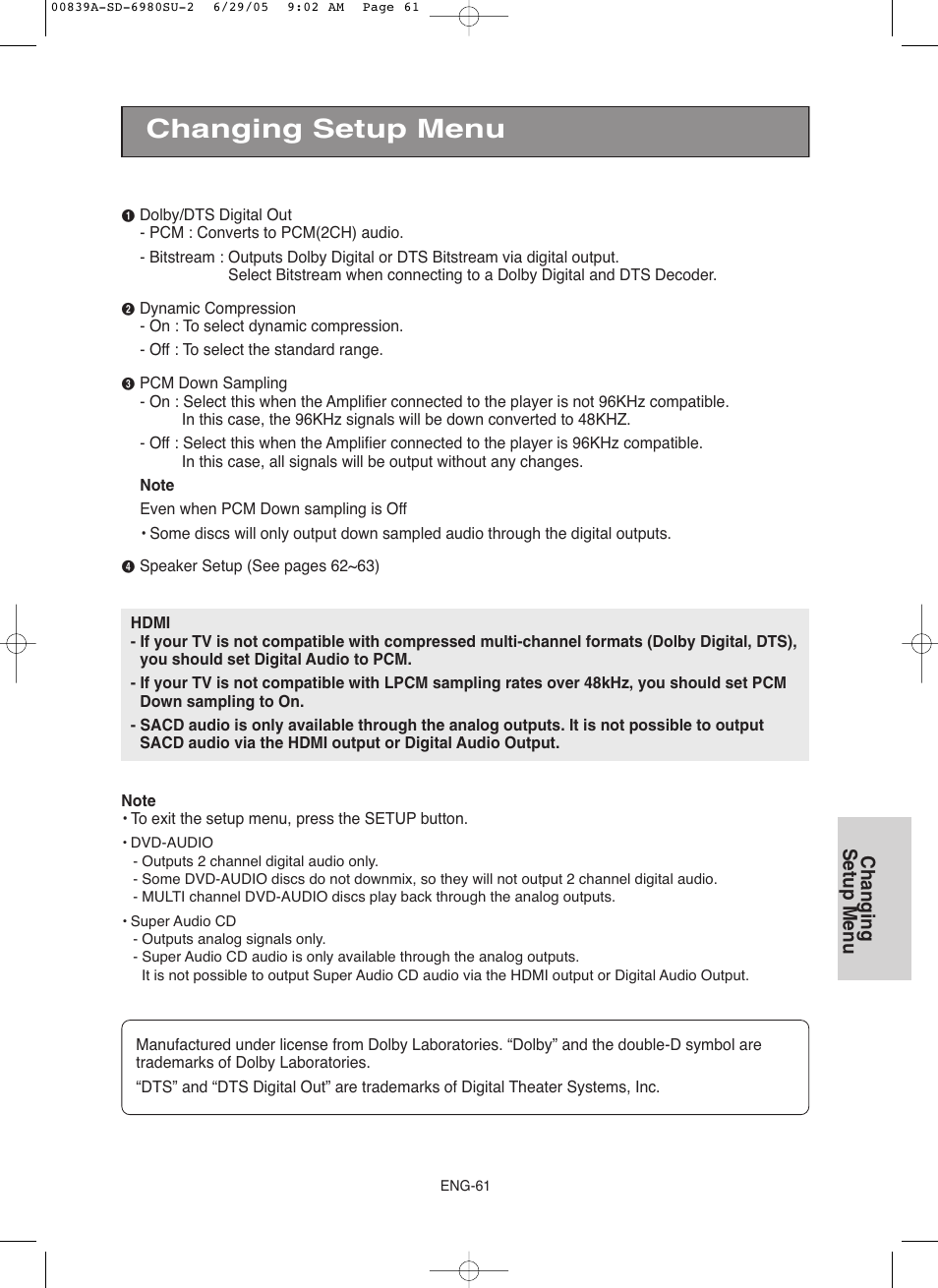 Changing setup menu | Toshiba SD-6980SU User Manual | Page 61 / 76