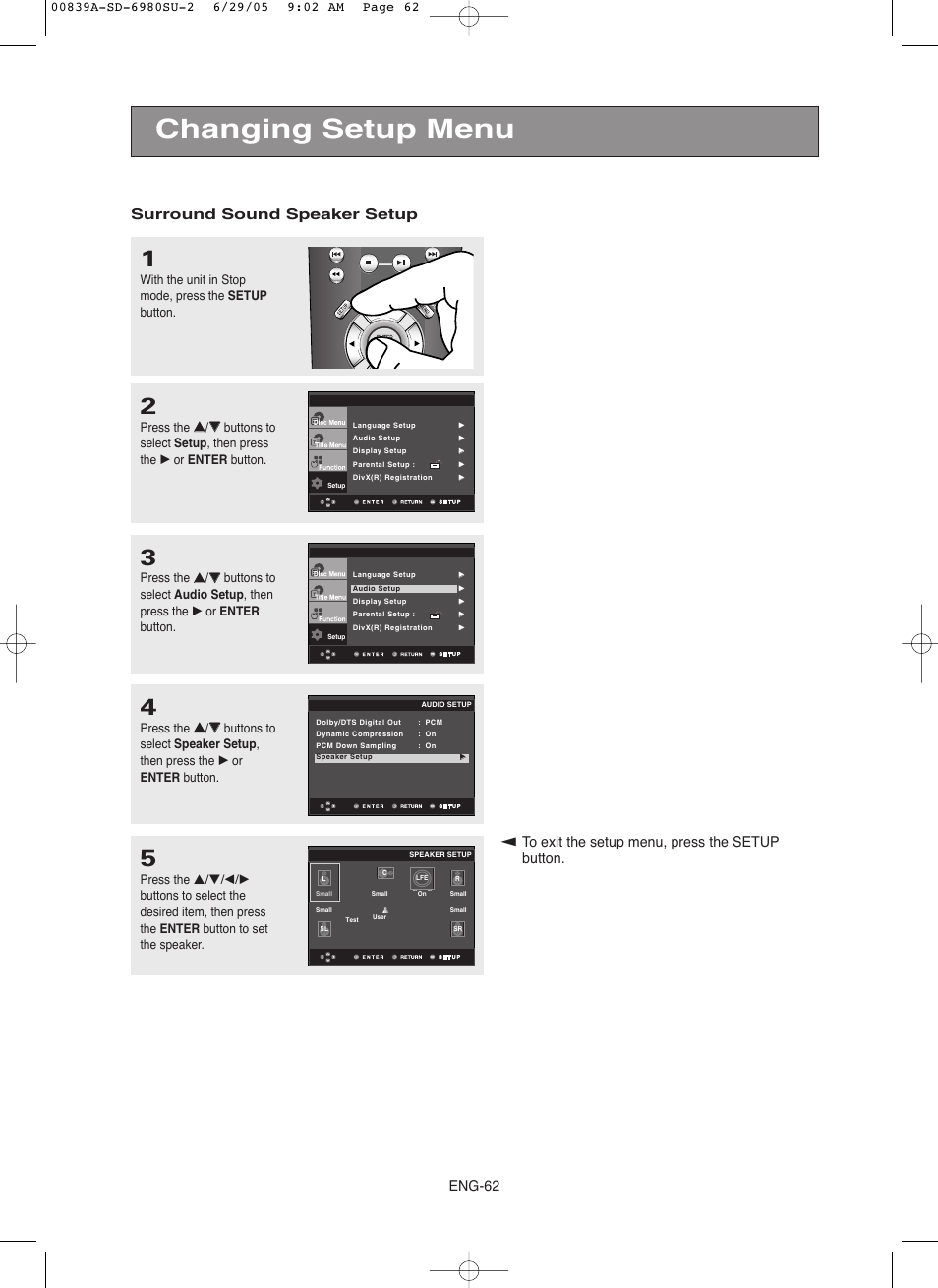 Changing setup menu, Eng-62 surround sound speaker setup | Toshiba SD-6980SU User Manual | Page 62 / 76