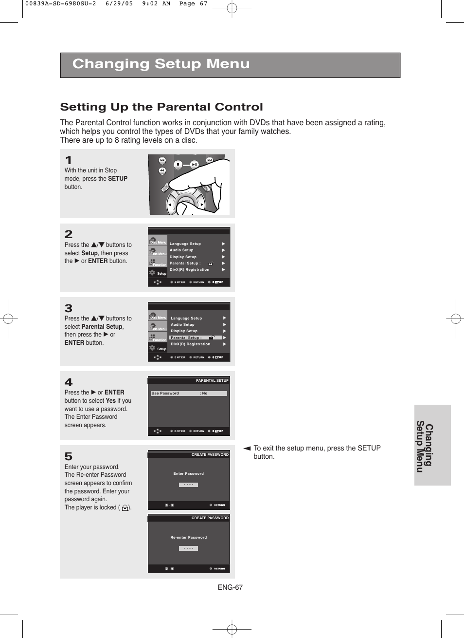 Setting up the parental control, Changing setup menu, Eng-67 | Toshiba SD-6980SU User Manual | Page 67 / 76