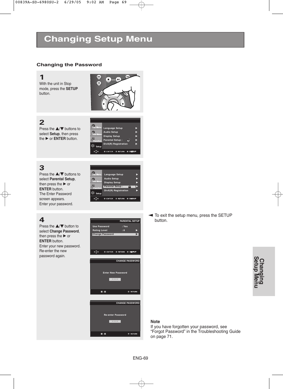 Changing setup menu, Eng-69, Changing the password | Toshiba SD-6980SU User Manual | Page 69 / 76