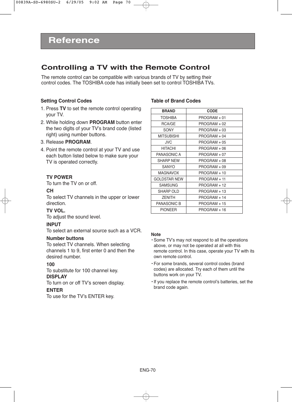 Reference, Controlling a tv with the remote control | Toshiba SD-6980SU User Manual | Page 70 / 76