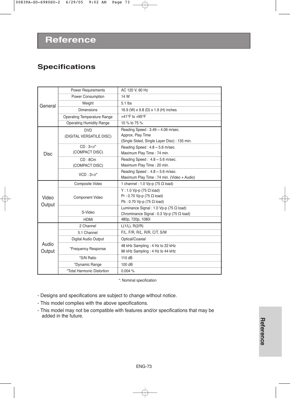 Specifications, Reference | Toshiba SD-6980SU User Manual | Page 73 / 76