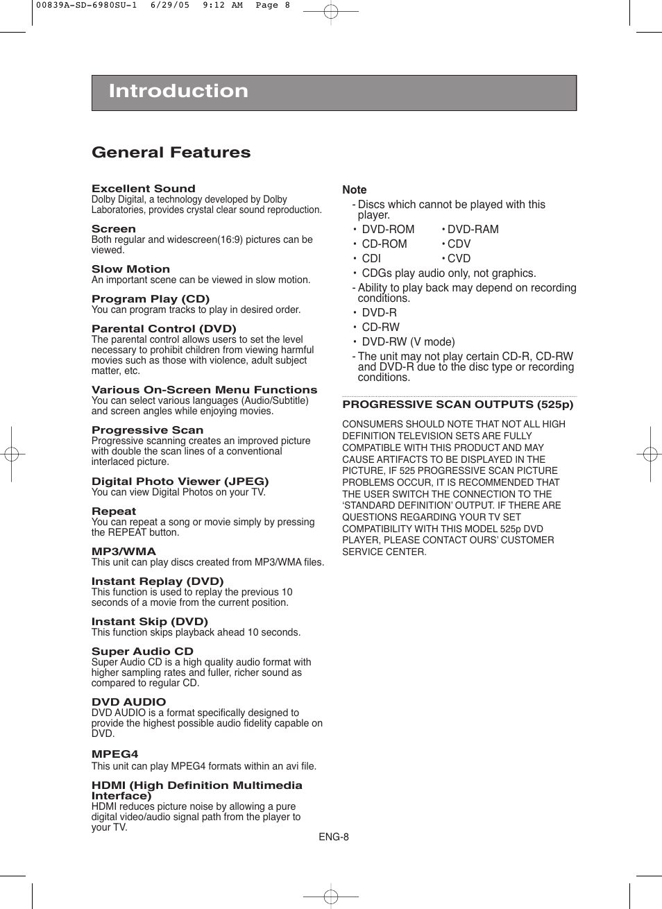 Introduction, General features | Toshiba SD-6980SU User Manual | Page 8 / 76