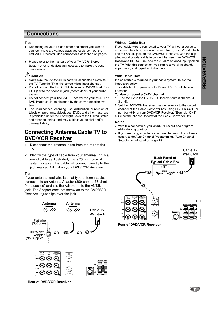 Connections, Connecting antenna/cable tv to dvd/vcr receiver, Prep ara tion | Toshiba SD-V57HTSU User Manual | Page 11 / 50