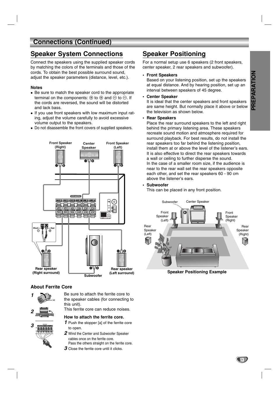 Connections (continued) speaker system connections, Speaker positioning, Prep ara tion | Toshiba SD-V57HTSU User Manual | Page 13 / 50