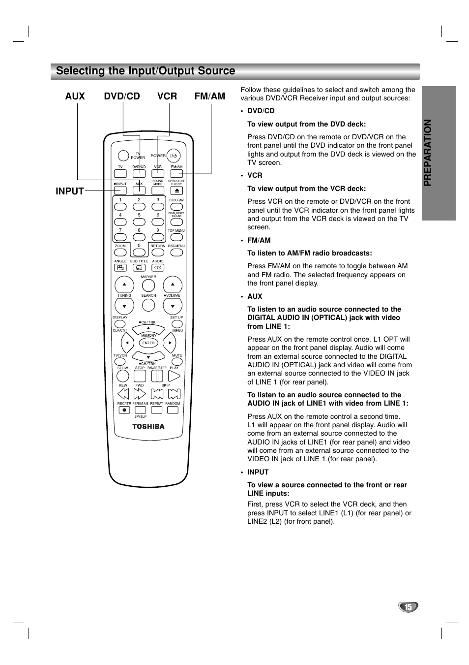 Selecting the input/output source | Toshiba SD-V57HTSU User Manual | Page 15 / 50