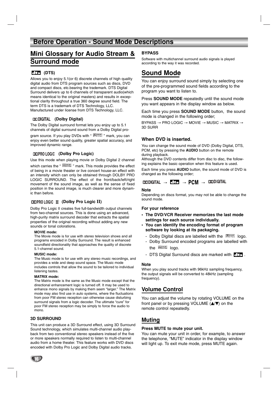 Sound mode, Volume control, Muting | Toshiba SD-V57HTSU User Manual | Page 16 / 50