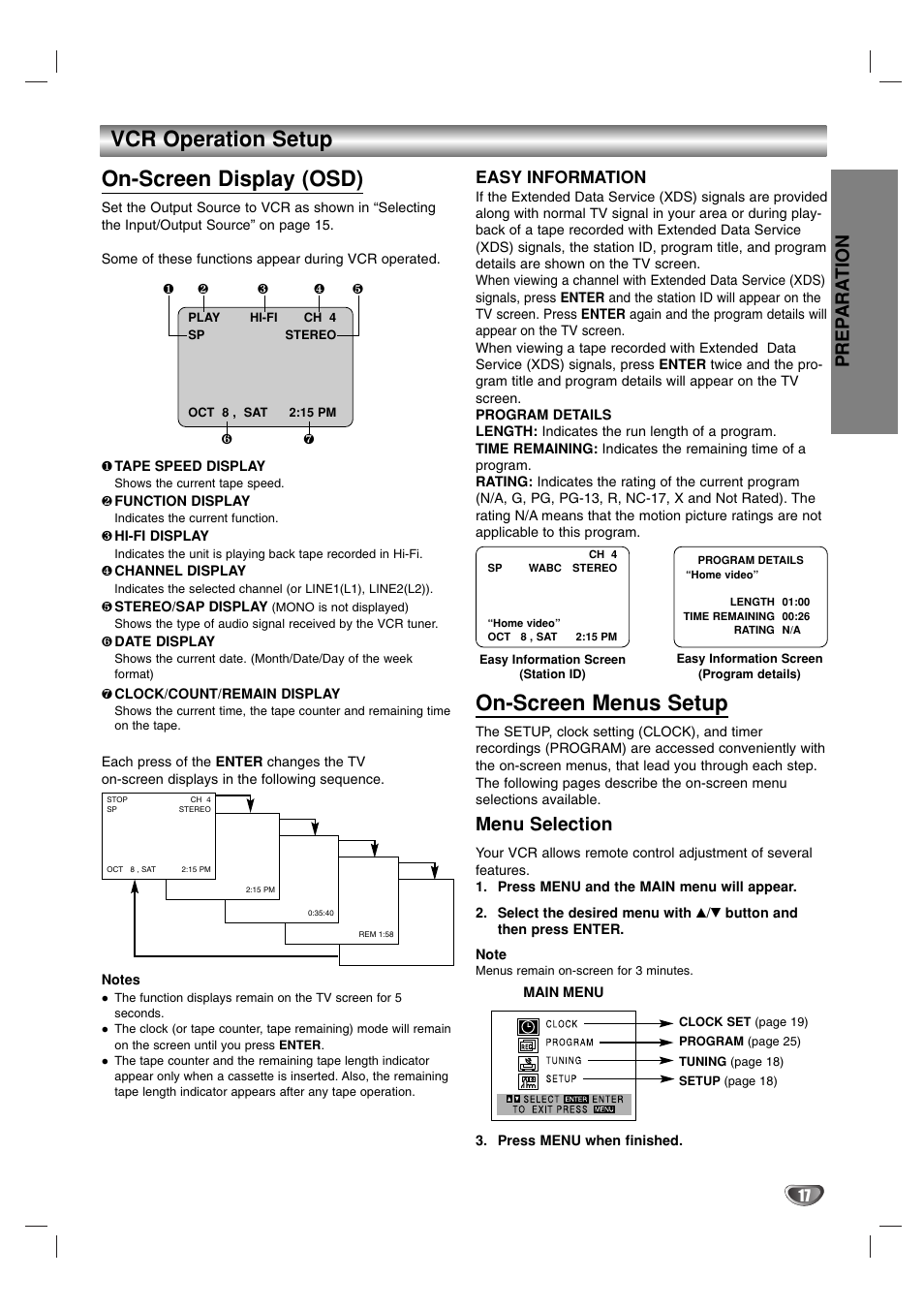 Vcr operation setup on-screen display (osd), On-screen menus setup, Prep ara tion | Menu selection, Easy information | Toshiba SD-V57HTSU User Manual | Page 17 / 50