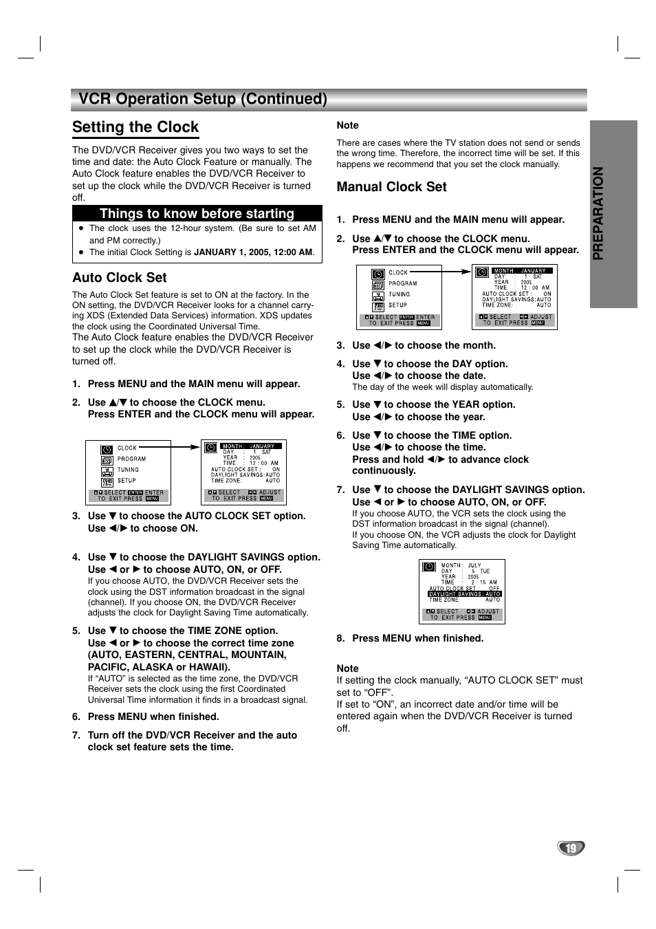 Vcr operation setup (continued) setting the clock, Prep ara tion, Auto clock set | Manual clock set, Things to know before starting | Toshiba SD-V57HTSU User Manual | Page 19 / 50