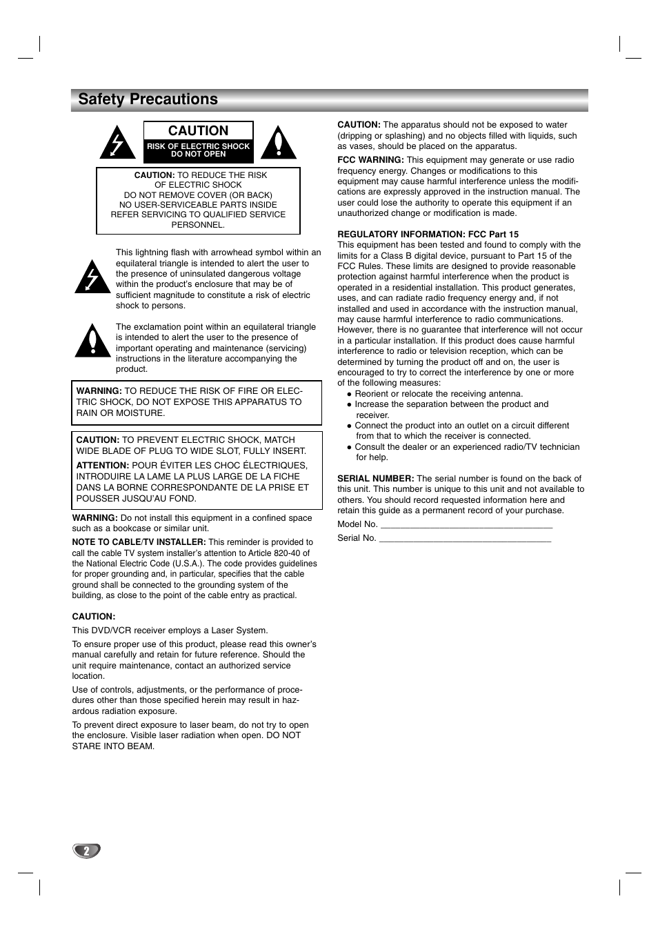 Safety precautions, Caution | Toshiba SD-V57HTSU User Manual | Page 2 / 50