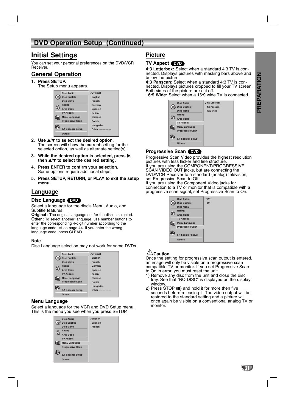 Dvd operation setup (continued) initial settings, General operation, Language | Picture, Prep ara tion, Disc language, Menu language, Tv aspect, Progressive scan | Toshiba SD-V57HTSU User Manual | Page 21 / 50