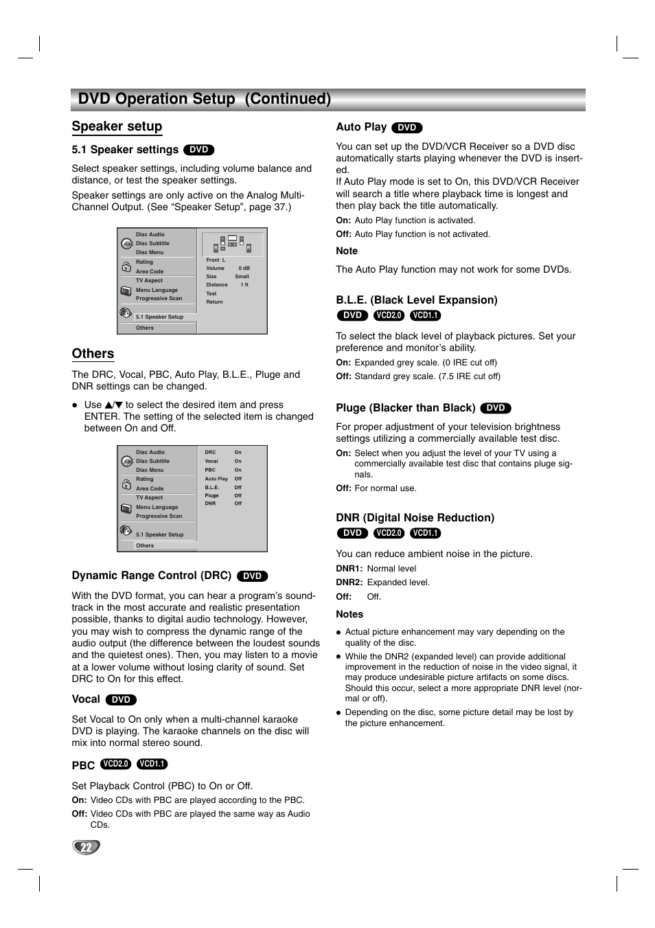 Dvd operation setup (continued), Speaker setup, Others | 1 speaker settings, Dynamic range control (drc), Vocal, Auto play, B.l.e. (black level expansion), Pluge (blacker than black), Dnr (digital noise reduction) | Toshiba SD-V57HTSU User Manual | Page 22 / 50