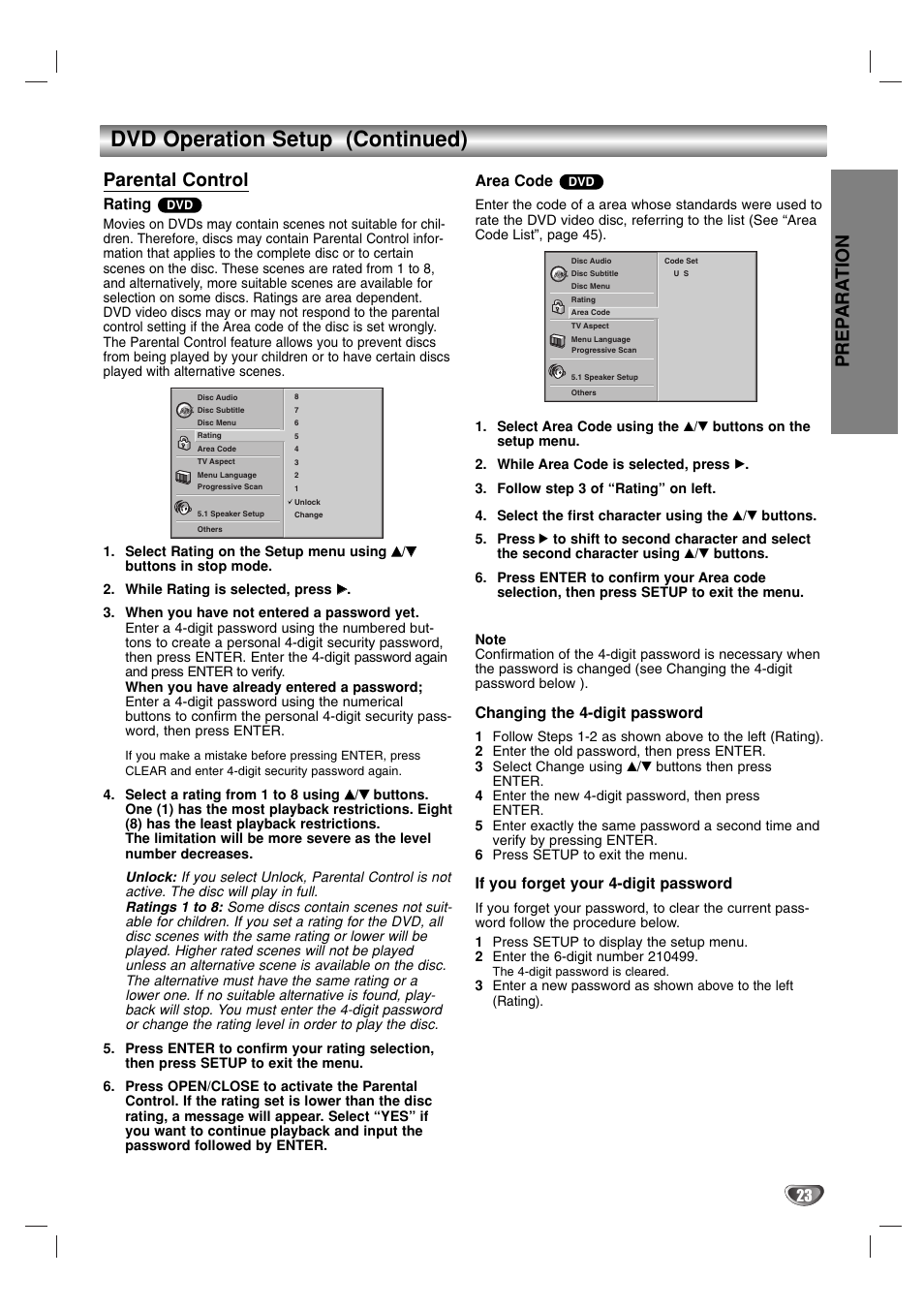 Dvd operation setup (continued), Prep ara tion, Parental control | Rating, Area code, Changing the 4-digit password, If you forget your 4-digit password | Toshiba SD-V57HTSU User Manual | Page 23 / 50